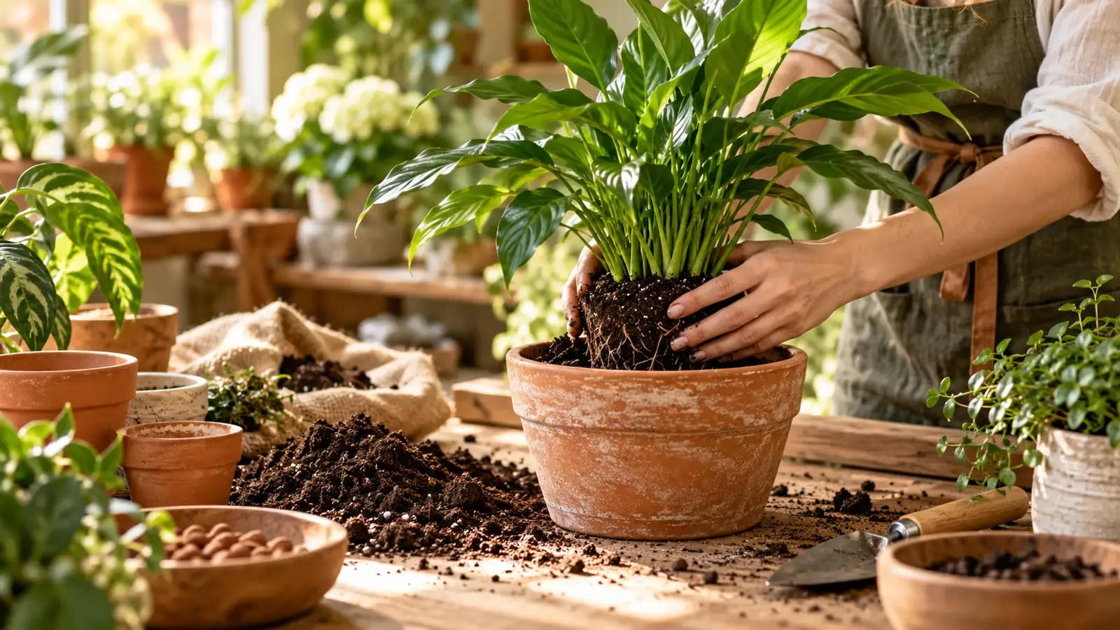 Transplante de uma planta em vaso